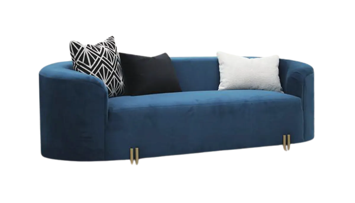 Curved blue velvet sofa
