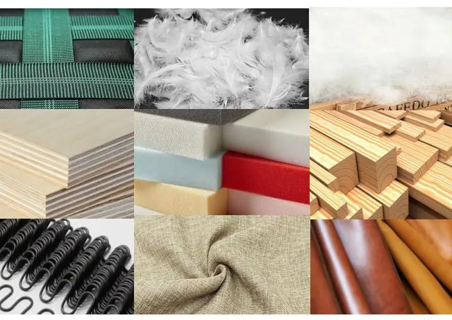 Fabric, leather, foam, wood, plywood and spring samples