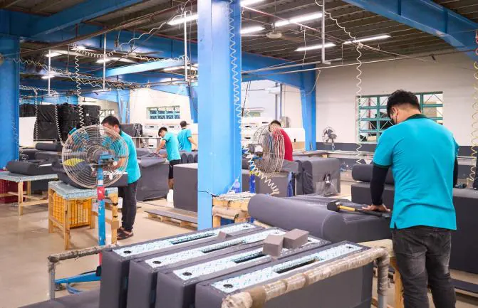 Upholstered units ready for inspection on the production floor